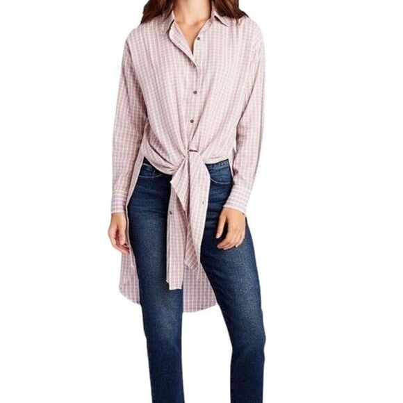 William Rast Tunic Mauve Pink Plaid Side Slit Long Sleeve Button Up Size M Angel - Picture 2 of 12